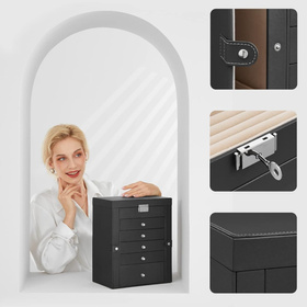 Szkatułka na biżuterię XXL czarna – organizer 6 poziomów, szuflady, panele