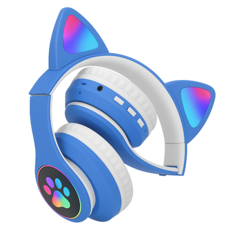 Bezprzewodowe słuchawki dla dzieci z kocimi uszami LED, bluetooth 5.0, FM, MP3 – Idealne na prezent niebieskie