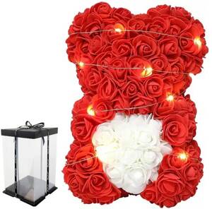 Podświetlany MIŚ z RÓŻ z Sercem 23 cm Prezent Walentynkowy czerwono-biały BQ54