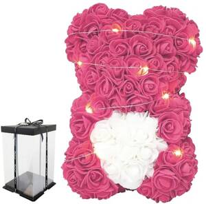 Podświetlany MIŚ z RÓŻ z Sercem 23 cm Prezent na każdą Okazję różowo-biały BQ54A