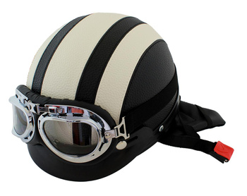 KASK MOTOCYKLOWY + Gogle + Daszek Retro czarny z kremowym L AG221C