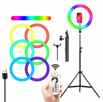 LAMPA PIERŚCIENIOWA LED RGB ze Statywem do Selfie 12W ZD67A 