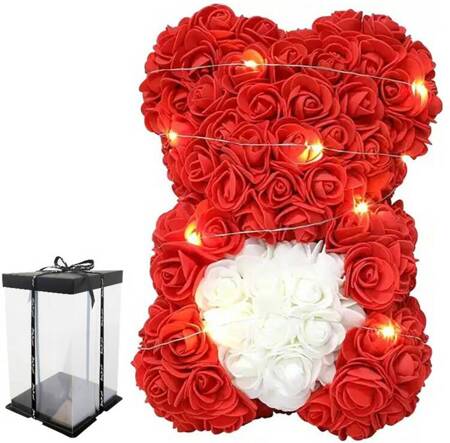 MIŚ z RÓŻ z Sercem 23 cm Prezent Walentynkowy czerwono-biały BQ54