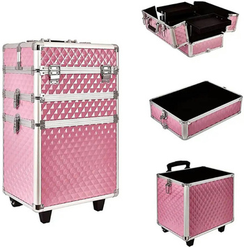 Mobilny KUFER KOSMETYCZNY Aluminiowy TROLLEY Duży 60x35,5cm różowy CA19C