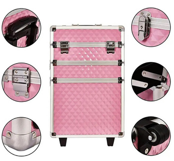 Mobilny KUFER KOSMETYCZNY Aluminiowy TROLLEY Duży 60x35,5cm różowy CA19C