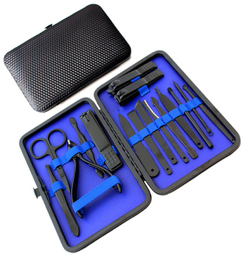 ZESTAW do Manicure Pedicure 16 narzędzi do Pielęgnacji Paznokci w Etui czarno-niebieski AG603D 