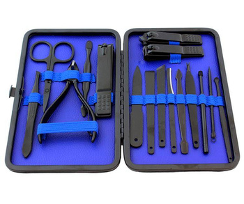 ZESTAW do Manicure Pedicure 16 narzędzi do Pielęgnacji Paznokci w Etui czarno-niebieski AG603D 