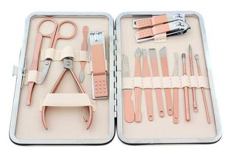 ZESTAW do Manicure Pedicure 16 narzędzi do Pielęgnacji Paznokci w Etui różowo-złote AG603G