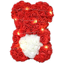 Podświetlany MIŚ z RÓŻ z Sercem 23 cm Prezent Walentynkowy czerwono-biały BQ54